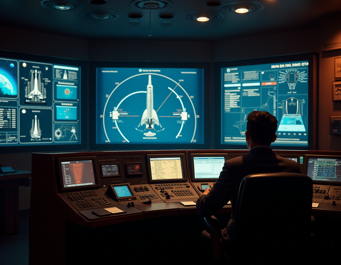 NASA control room with punch cards and Saturn rocket