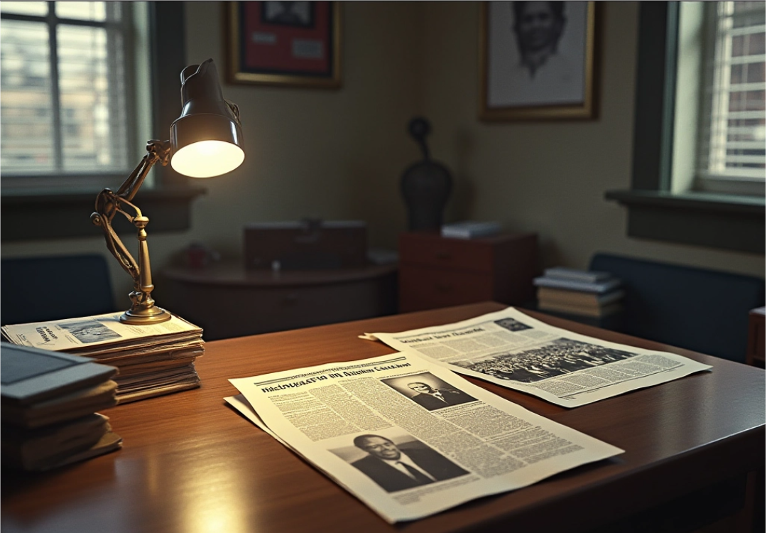 1960s office with civil rights photos and newspaper clippings