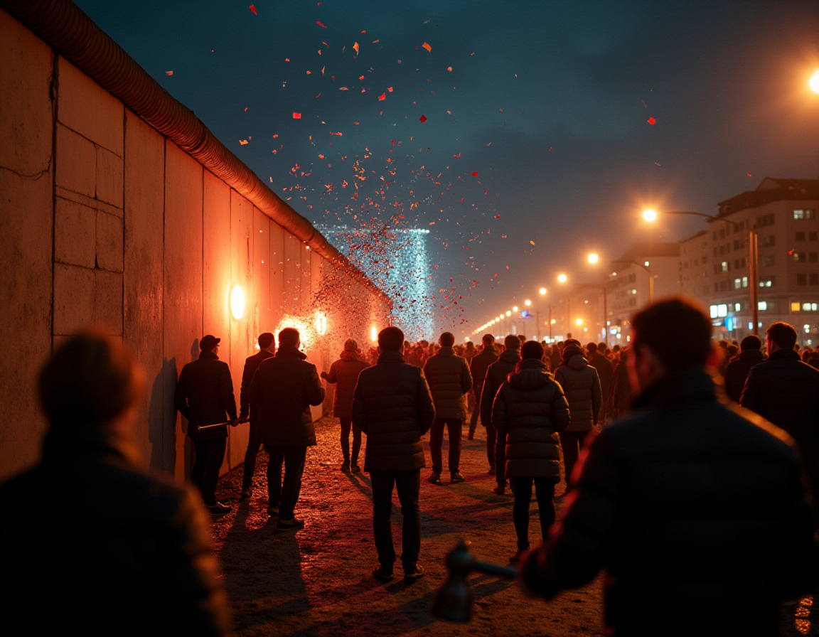 Crowds at the Berlin Wall, people celebrating, sledgehammers